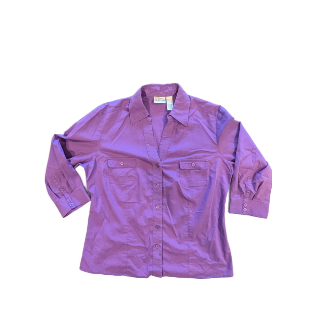 Women's Chico's Purple Button Down Shirt Size M 3/4 Length Sleeves